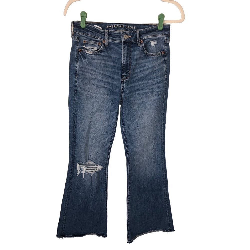 American Eagle 4 Reg Jeans Super High Rise Flare Distressed Blue Stretch Raw Hem